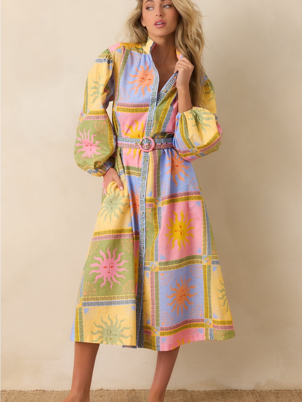 PARADISA ANNA MARIA MULTI SUN PRINT LINEN BLEND MIDI DRESS NWT S